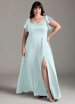 Azazie Bondi Bridesmaid Dresses Sea Glass A-Line Bow Stretch Satin Dress image7