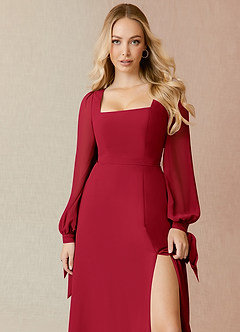 Azazie Leonia Bridesmaid Dresses Scarlet A-Line Long Sleeve Chiffon Dress image5