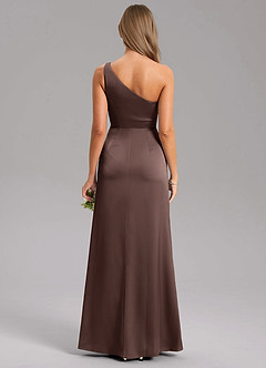 Azazie Phaedra At-home Try On Dresses Olive A-Line One Shoulder Stretch Satin Dress image2