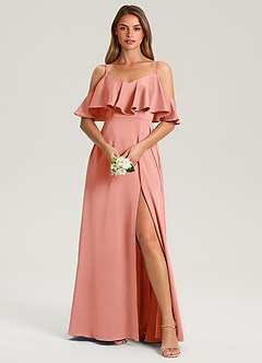 Azazie Jean Bridesmaid Dresses Coral A-Line Off the Shoulder Stretch Satin Dress image1