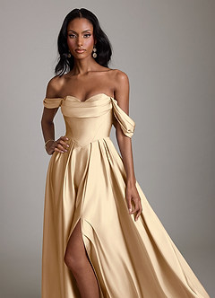 Azazie Loisa Abiti da Damigella Abito A-Line in Raso Elasticizzato a Spalla Scoperta Champagne image5