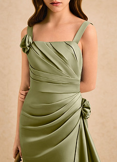 Azazie Ciara Girls Formal vestidos de niña de las flores Vestido de Musgo Verde de Satin Mate de Corte en A con Plisado image5