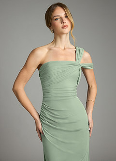 Azazie Tati Final Sale Dusty Sage Sheath Off the Shoulder Mesh Dress image1