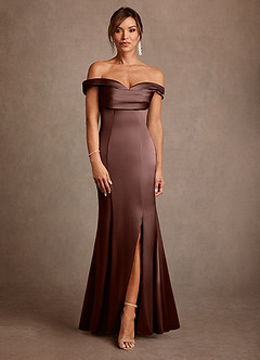 Azazie Boone Mère de la mariée Robes Robe Sirène en Satin extensible Épaule décolletée Expresso image2