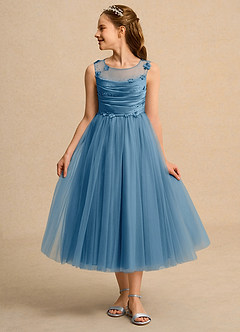 Azazie Snowball Girl Jurken voor bloemenmeisjes Baljurk Jurk van Tule Geplooid Staal Blauw image3