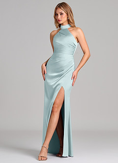 Azazie Karlotta Bridesmaid Dresses Mist Sheath Pleated Stretch Satin Dress image4