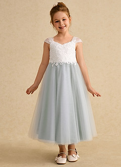 Azazie Momo Flower Girl Dresses Ivory Dusty Sage A-Line Lace Dress image3