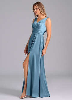 Azazie Karina Bridesmaid Dresses Steel Blue A-Line Pleated Stretch Satin Dress image3
