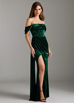 Azazie Amyra Bridesmaid Dresses Emerald Sheath Off the Shoulder Velvet Convertible Dress image1