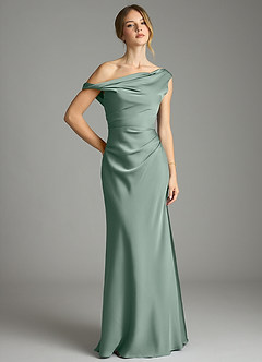 Azazie Emerson Bridesmaid Dresses Silver Sage Mermaid Off the Shoulder Stretch Satin Dress image1