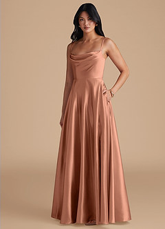 Azazie Elle Bridesmaid Dresses Bronzer A-Line with Pockets Metallic Satin Dress image1