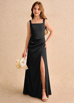Azazie Noah Girls Formal Jurken voor bloemenmeisjes Kolom Jurk van Stretch Satijn Geplooide Zwart image3