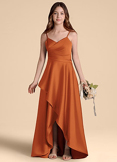 Azazie Prisha Junior Cinnamon A-Line Pleated Stretch Satin Dress image7