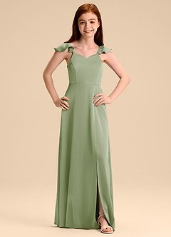 Azazie Everett Junior Jurk van Stretch Satijn met A-Lijn Boog Stoffige Salie image7