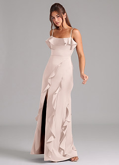 Azazie Malia 신부 들러리 드레스 A라인 사이드 슬릿 스트레치 새틴 바닥 길이 드레스 image4