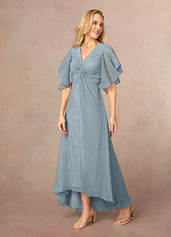 Azazie Mollina Mother of the Bride Dresses Dusty Blue A-Line Ruffle Flutter Sleeve Metallic Mesh Dress image2