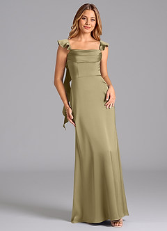 Azazie Adi Bridesmaid Dresses Moss Green A-Line Pleated Stretch Satin Dress image1