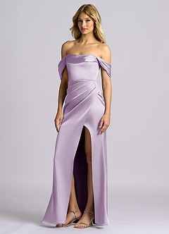 Azazie Auden Bridesmaid Dresses Frosted Lilac Sheath Off the Shoulder Stretch Satin Convertible Dress image4