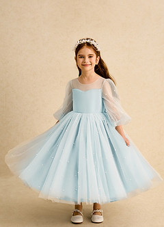 Azazie Trudy Flower Girl Dresses Sea Glass Ball-Gown Sweetheart Neckline Tulle Dress image5