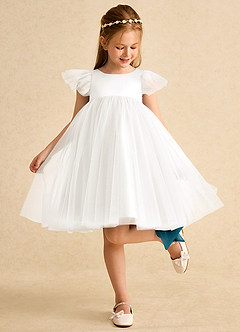 Azazie Munchkin Abiti da Ragazza di Fiori Abito A-Line in Tulle Fiocco Avorio Blu Inchiostro image3