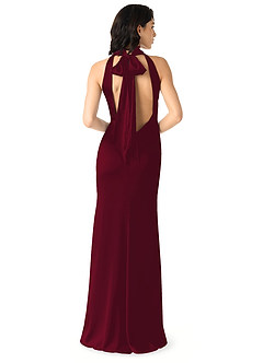 Azazie x Delaney Bridesmaid Dresses Burgundy Sheath High Neck Stretch Satin Dress image4