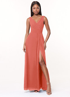 Azazie Karina Bridesmaid Dresses Salmon Pink A-Line Pleated Chiffon Dress image1