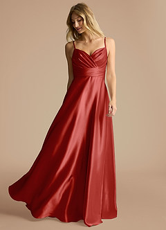 Azazie Oliana Bridesmaid Dresses Rust A-Line Pleated Metallic Satin Dress image2