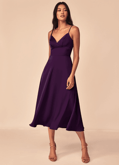 Azazie Dottie Bridesmaid Dresses Grape A-Line Stretch Satin Dress image3