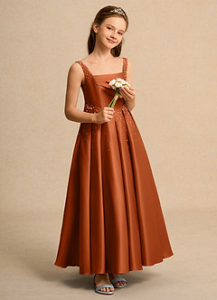 Azazie Mochi Girls Formal Flower Girl Dresses Burnt Orange Ball-Gown Pleated Matte Satin Dress image4