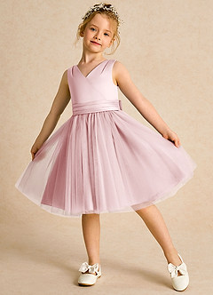 Azazie Tadpole Robe Demoiselle D'honneur Fillette Robe Trapèze en Mat Satiné Plissée Rose Poudré image4