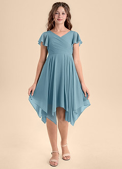 Azazie Janeaurelia Junior Abito A-Line in Chiffon Plissettato Blu Lunatico image6