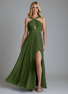 Azazie Hosanna Bridesmaid Dresses Olive A-Line Pleated Chiffon Dress image6