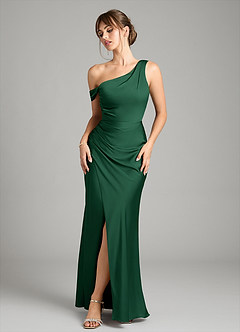 Azazie Madelyn Bridesmaid Dresses Dark Green Mermaid One Shoulder Stretch Satin Convertible Dress image1