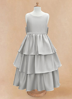 Azazie Margie Flower Girl Dresses Silver A-Line Bow Stretch Satin Dress image4
