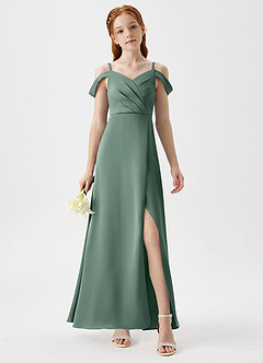 Azazie Ocean Junior Eucalyptus A-Line Off the Shoulder Stretch Satin Dress image4