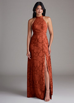 Azazie Clarice Robes de demoiselle d'honneur Robe Trapèze en Blumen-Burnout Fente Latérale Auburn image4