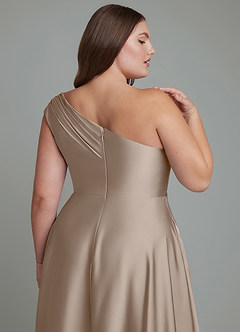 Azazie Melanie Bridesmaid Dresses Taupe A-Line Off the Shoulder Stretch Satin Dress image13