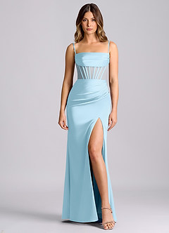 Azazie Alyce Robes de demoiselle d'honneur Robe Sirène Convertible en Satin extensible Épaule décolletée Bleu Ciel image5