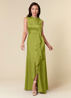 Azazie Narine Mother of the Bride Dresses Lemongrass A-Line High Neckline Pleated Stretch Satin Dress image3