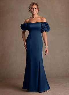 Azazie Redding vestidos de madre de la novia Vestido de Azul Marino Oscuro de Satén Elástico de Corte Recto con Volante image1