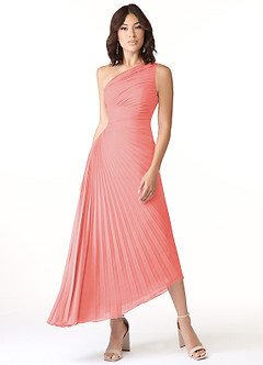 Azazie Kirra Bridesmaid Dresses Coral A-Line One Shoulder Chiffon Dress image1