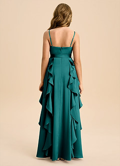 Azazie Peyton Junior A라인 주름진 스트레치 새틴 플로어 길이 주니어 신부 들러리 드레스 image3