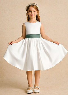 Azazie Sosie Flower Girl Dresses Ivory Eucalyptus A-Line Pleated Matte Satin Dress image2