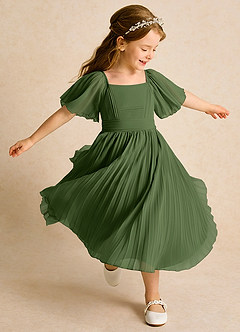 Azazie Gisele Flower Girl Dresses Olive A-Line Pleated Chiffon Dress image2