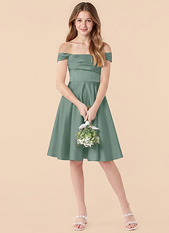 Azazie Amira Junior Silver Sage A-Line Pleated Stretch Satin Dress image3