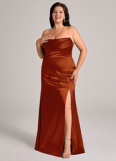 Azazie Saige Robes de demoiselle d'honneur Robe Fourreau Convertible en Satiné métallisé Épaule décolletée Auburn image12