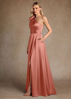 Azazie Easton vestidos de madre de la novia Vestido de Rosa Salmón de Satén Elástico de Corte en A con Hombro unilateral image2