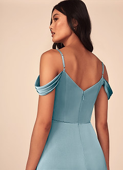 Azazie Ocean Bridesmaid Dresses Moody Blue A-Line V-Neck Pleated Stretch Satin Dress image5