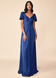 Azazie Soren Bridesmaid Dresses Royal Blue A-Line Pleated Stretch Satin Dress image1