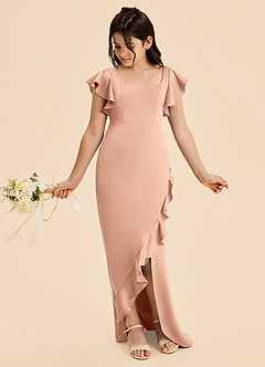 Azazie Demi Junior Abito Sirena in Raso Elasticizzato Fiocco Oro Rosa image3